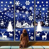 Singtis Fensterbild Weihnachten Selbstklebend - Wiederverwendbare Dekoration für Türen und Fenster mit Häuschen, Reh und Winterlandschaft，Fensterbilder Weihnachten Selbstkleb
