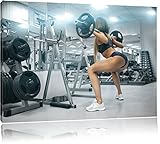Pixxprint Sportliche Frau mit Hantelstange, Format: 80x60 auf Leinw