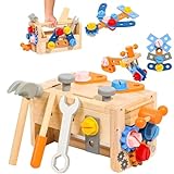 KANCAI Holzspielzeug Werkzeugkoffer Kinder Werkbank Kinderwerkzeug Montessori Spielzeug, Geschenk Junge Mädchen 2 3 4 5 Jahre Werkzeug Werkzeuggürtel Lernsp