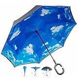 GOODS+GADGETS® Umgedrehter Regenschirm mit blauem Himmel und C-Griff für freie Hände; Invert-Stockschirm Schlauer Regen-Schirm mit 105cm D