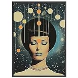 JUNOMI® Surrealismus Poster DIN A2 - Motiv 07 | Vintage Poster, Fantasie-Poster, Hippie, Planeten, 60er, 70er, 80er, Frauenporträt | Mit Rahmen Schw