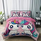 Bettwäsche Cartoon Einhorn Druck Rosa Bettbezug Weiche Mikrofaser Wende Bettbezug Set mit Reißverschluss Für Teenager Schlafzimmer Dekorativ 240 x 220