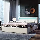 Generisch Polsterbett, LED-Bett, 140 * 200cm, mit Lattenrost und Stauraum, mit beleuchtetem Kopfteil in diversen Farben, Weiß,Kopfteil &