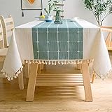 J-MOOSE Feste rechteckige Tischdecke aus Baumwolle und Leinen mit Karomuster und Quasten, für Küche oder Esszimmer, (140 x 180 cm, Grün/Weiß)