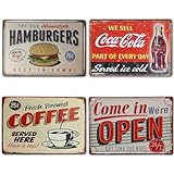 Vintage Metallschilder [ Metallschilder für Cafeteria, Bar, Küche, Wohnzimmer Restaurant .. ] Set mit 4 Vintage Blechschilder für Retro-Dekoration Coca Cola, Hamburger, Kaffee | Maße 20 x 30