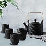 NIUKOMY Porzellan Teeservice mit Sieb, Vintage Japanischen Stil Keramik Tee Set, Chinesische Teeservice Schwarz, 900ML Porzellan Teekanne Set mit Holzgriff und 4 Teetassen für Losen T