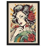 Tattoo Pin Up Girl Roses Rockabilly Americana 50s Artwork Framed A3 W