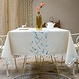 Tischdecke Esstisch Modern, 140 x 220 cm Baumwolle Leinen Stickerei-Blätter-Muster Tischtuch für Küche, Picknick, Tischdekoration, B