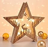LED Dekoleuchte Stern aus Holz 30 cm - Rentier - Deko Aufsteller warm weiß beleuchtet - Weihnachten Advent Winter Stern Tisch Deko Beleuchtung Batterie betrieb