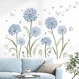 decalmile Wandtattoo Blumen Blau Löwenzahn Wandaufkleber Pusteblumen Schmetterling Wandsticker Wohnzimmer Schlafzimmer Badezimmer Wanddek