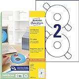 AVERY Zweckform L6015-25 selbstklebende CD-Etiketten inkl. Zentrierhilfe (50 blickdichte CD-Aufkleber, Ø 117mm auf A4, ClassicSize, bedruckbare Klebeetiketten für alle A4-Drucker) 25 Blatt, weiß