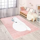 carpet city Teppich Kinderzimmer Tier-Motiv - Rosa - 160x230 cm - Kinderteppich Kurzflor Bär mit Schlafmütze - Weicher F