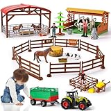 Herenear Bauernhof Tierfiguren Spielzeug, Bauernhof Spielzeug für Kinder, Realistische Tierfiguren Set, Bauernhoftiere Set mit Traktor, Eingezäuntem Anhänger, Zaun, Bauer, Futtersäck