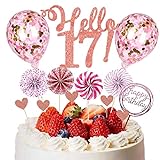 HCRXVV 17.Tortendeko Geburtstag Mädchen Rosa 17 Happy Birthday Tortendeko Cake Topper mit Papierfächer für 17th Geburtstag Party Kuchen Deko Rosa(12Stück)