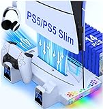 PS5 Ständer für PS5 Slim Konsole Neu, PS5 Standfuß mit 3-Stufig Kühler Lüfter Schnelle Abkühlung/PS5 Controller Ladestation/14 Spiele Aufbewahrung, PS5 Ständer für PS5 Slim Disc & Dig