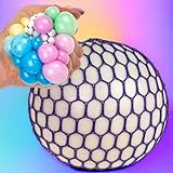 Bunter Antistressball im Netz – Quetschball Spielzeug, Sensorik, Stressabbau für Groß & Klein, Büro & Schule - 7cm (Weiß-Regenbogen)