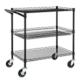 Finnhomy 3 Etagen Heavy Duty Commercial Grade Utility Cart, Wire Rolling Cart with Handle Bar, Steel Service Cart with Wheels, Kitchen Cart on Wheels, Food Storage Trolley, NSF Listed, Black