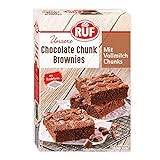 RUF Chocolate Chunk Brownies, Backmischung für saftig weiche Brownies mit Vollmilch-Schokostückchen, inkl. Backform, 1x410g