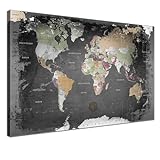 LANA KK - Weltkarte Leinwandbild mit Korkrückwand zum pinnen der Reiseziele – „Weltkarte Graphit” - deutsch - Kunstdruck-Pinnwand Globus in schwarz, in 100x70