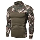 Herren Taktisches Langarmshirt Militär Stil Combat Shirt mit Taschen Airsoft Top Outdoor Kleidung für Jagd Camping WandernGrün CamoM