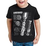 style3 Laserschwert Blaupause T-Shirt für Kinder Jedi Lichtschwert, Farbe:Schwarz;Größe:164