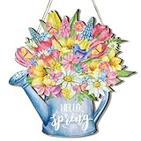Wenqik Türschild mit Aufschrift 'Hello Spring', bunte Tulpenblumen, Frühlingsdekoration, rustikale Wanddekoration, Bauernhaus, Holz, Hängeschild für Zuhause, Veranda, Garten, Café