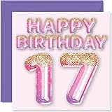 Stuff4 Geburtstagskarte zum 17. Geburtstag für Mädchen – rosa und lila Glitzerballons – Happy Karten für 17 Jahre altes Mädchen Tochter Schwester Enkelin Cousin 145 mm x 145 mm Grußkarten Geschenk