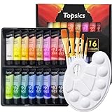 Topsics Acrylfarben Set, 16 Tuben 36ml Acryl Farben Bastelfarbe Set mit Pinseln und 1Mischpalette, NON-TOXIC AcrylfarbenSet, Acrylic Paint für Papier, Stein, H