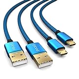 PAXO 2x 2m Ladekabel für PS4 Controller, Micro USB Ladekabel, Micro USB Kabel, Nylon, Mikro USB, Stoffmantel, Aluminium Stecker, blau-schw