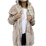 Azruma Damen Teddy-Fleece Mantel Teddyfell Plüsch Langarm Jacke mit Kapuze Elegant Einfarbig Locker Freizeit Fleecejacke mit Tasche mitHerbst Winter Warm Plüschjacke Plüschmantel Plü