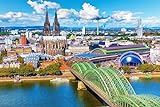 Acryl-Bild 60 x 40 cm: Szenisches Sommerpanorama der Pierarchitektur der Altstadt mit Domkirche und Hohenzollern-Eisenbahnbrücke über den Rhein in (107946241)