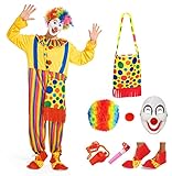 VKI® Clown Kostüm Erwachsene Set, Clown Kostümzubehör, Clown Kleidung, Clown Perücke, Clownmaske, Clown Nase, Clowntasche, Clownschuhe, Halloween Kostümzubehör, Zirkus Requisiten, Karneval Cosplay