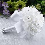 Kristall Rosen Perle Brautjungfer Hochzeitsstrauß Braut Künstliche Seide Blumen(Weiß)