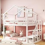 Etagenbett Kinderbett 90 x 200 mit Treppe & Stauraum, Hochbett Hausbett für 2 Kinder, Massivholz Stockbett Jugendbett Doppelbett, Baumhaus Bett mit Rausfallschutz und Lattenrost, Weiß, Ohne M