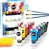 Colardo ® Acryl Farben Set [12x 75ml] Acrylfarben - Inklusive 3 Pinsel – Wasserfeste Acrylfarbe für Leinwand, Holz, Papier und Stein - Acrylfarben Set für Kinder & Erw