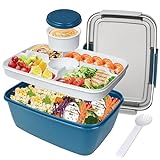 Salatbehälter für Mittagessen, 2000 ml große Salat-Lunchbox für Erwachsene, auslaufsichere Salatschüssel Bento-Boxen mit Deckel, 5-Fächer-Tablett, Dressing-Töpfe, Besteck für Arbeit, Picknick,