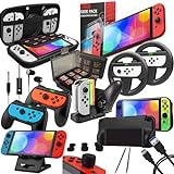 Orzly Switch Accessories Bundle Geek Pack for Nintendo Switch: Case & Screen Protector, Joycon Grips & Racing Wheels, Switch Tablet & Controller Charge Docks & More [15in1] Black