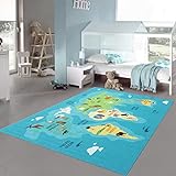 Teppich-Traum Kinderzimmerteppich Weltkarten-Lernspiel Kontinente Tiere & Meere in blau grün, 200x290