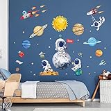 wondever Wandtattoo Weltraum Planeten Wandaufkleber Raketen Sonnensystem Astronaut Wandsticker Wanddeko für Kinderzimmer Babyzimmer Jung