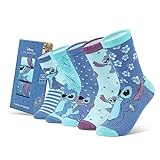 Disney Wadensocken Damen, Bunte Warme Socken Damen mit Motiv 5er-Pack - Freundin Geschenk (Blau Stitch)