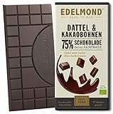 Edelmond Bio 75% Dattel-Schokolade aus gerösteten Kakaobohnen gewalzt. Süße nur durch Datteln, ohne weiteren Zuckerzusatz. Single Origin Plantagenkakao organisch angebaut. Fair Trade. (75g, 1 Tafel)