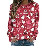 Valentinstag Sweatshirts für Frauen Patchwork-Grafikdruck mit mehrere Herz und Pfotenabdrücken Sweatshirt Lose Rundhalsausschnitt Grafik Pullover T-Shirts für Damen Langärmeliges Shirt (Hot Pink, XL)