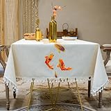 Tischdecke Elegant Schick, 140 x 260 cm Baumwolle Leinen Stickmuster Karpfen Tischtuch Fleckenschutz, Orang