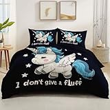 Bettwäsche Einfaches Blaues Einhorn Mikrofaser Bettwäsche Set Blau Schwarz Weich Bequem Wendebettwäsche Bettwaren 1 Bettbezug 240 x 220cm +2 Kissenbezug 80x80 cm für Teenager Erw