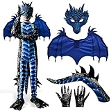 Drachen Kinder Kostüm Karneval Cosplay: Kind Jungen Drachenkostüm Drachenflügel und Maske - Halloween Drachen Kostüm Kinder Drachenanzug für Jungen Faschingskostüme (blau, L-140cm (10–12 Jahre))