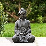 Yeomoo Meditation Figur Gartendeko für Draußen – Zen Buddha Spirituelle Garten Deko Geschenke für Zimmer Balkon Innen Dekoration Orientalische mit Perlenkette aus Naturholz Schwarz 29CM