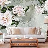 Art Murals Vinyl Fototapete 3D, 288 х 192 cm, Blumen an der Wand, große weiße Blumen, Vintage-Stil, Schlafzimmerdekoration, Wohnzimmerdekoration, modern, tap