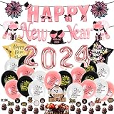 Silvester Deko Set, PAMIYO 2024 Happy New Year Decorations Kit XXL 2024 Folienballon mit Luftballons, Luftschlangen, Latexballons, Neujahrsdeko Rosegold Luftballons Silvester Ballon für Neujahr Dek