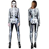 Ulikey Skelett Kostüm, Jumpsuit Knochen Damen, Mecha Skelett Overall Herren, Langarm Skinny Bodysuit Halloween Kostüme für Erwachsene für Verkleidung Fasching Karneval Mottoparty Cosplay (Damen-S)