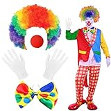 Clown Kostüm Accessoire, 4 Stück Clown Kostüm Set, Clown Kostüm Kinder, Regenbogen Clown Lockenperücke + Clownsnase + ClownFliege + Handschuhe, Clown Kostümzubehör für Karneval, Ostern Und Hallow